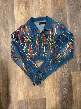 Purple Candy Paint-Splatter Cropped Denim Jacket - Blue with Multicolor Splashes